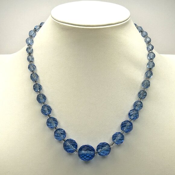 Vintage Czech Faceted Blue Glass Crystal Bead Necklace Graduated 16” - Picture 3 of 16